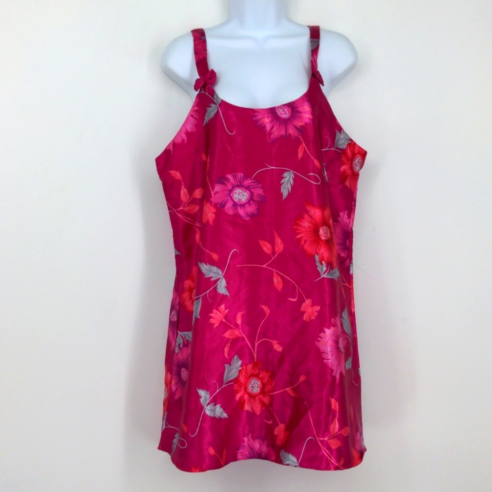 VTG Hot Pink Flowers Bows Shiny Slippery Satin Sissy Teddie Nightie Slip Large